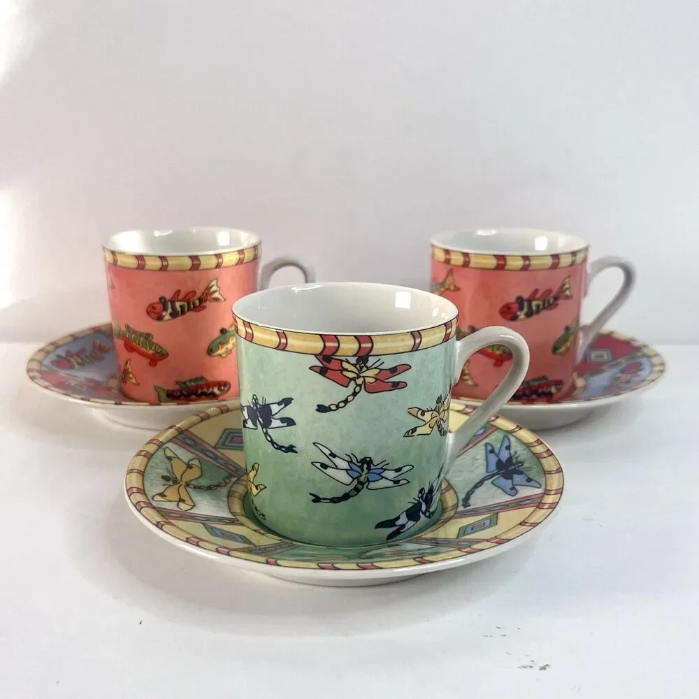 VTG. Essex Collection Splash by Siddhia Hutchinson Demitasse 3 Cup & Saucer Set